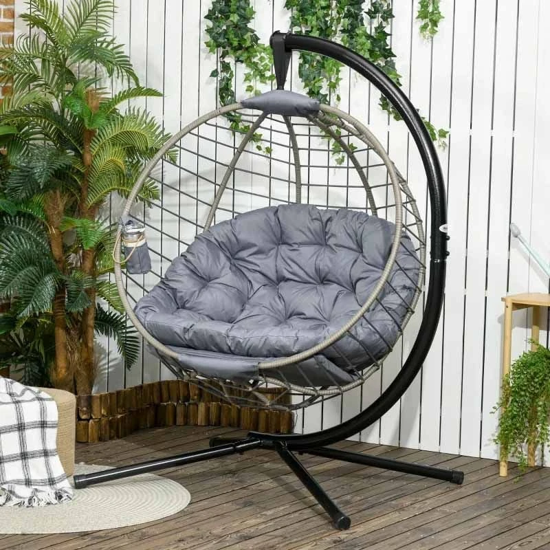 Outsunny Round PE Rattan Hanging Egg Chair - Grey - 84A-265V70GY