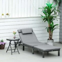 Front Page 29 Outsunny Reclining Rattan Sun Lounger With Pillow - Grey - 841-004V70GY
