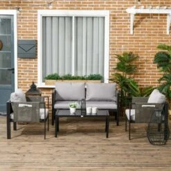 Front Page 42 Outsunny 4-Seater Metal Garden Furniture Set - Black/Grey - 84G-048V70LG