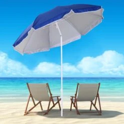 Outsunny 1.7m X 2m Tilted Steel Frame Beach Parasol - Blue - 84D-069BU