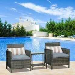 Outsunny 2-Seater PE Rattan Side Table & Armchair Set With Pillows - Grey - 860-086GY